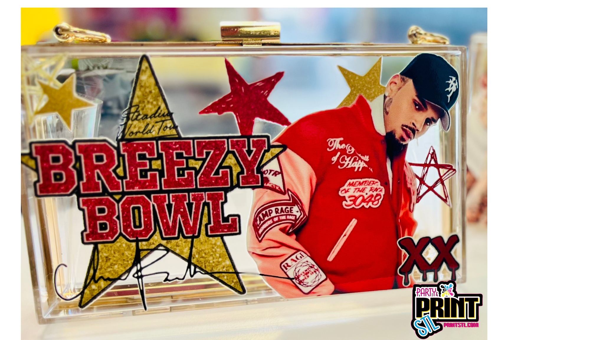 Custom Red & Gold Chris Brown Breezy Bowl Acrylic Clutch Purse with Gold Chain