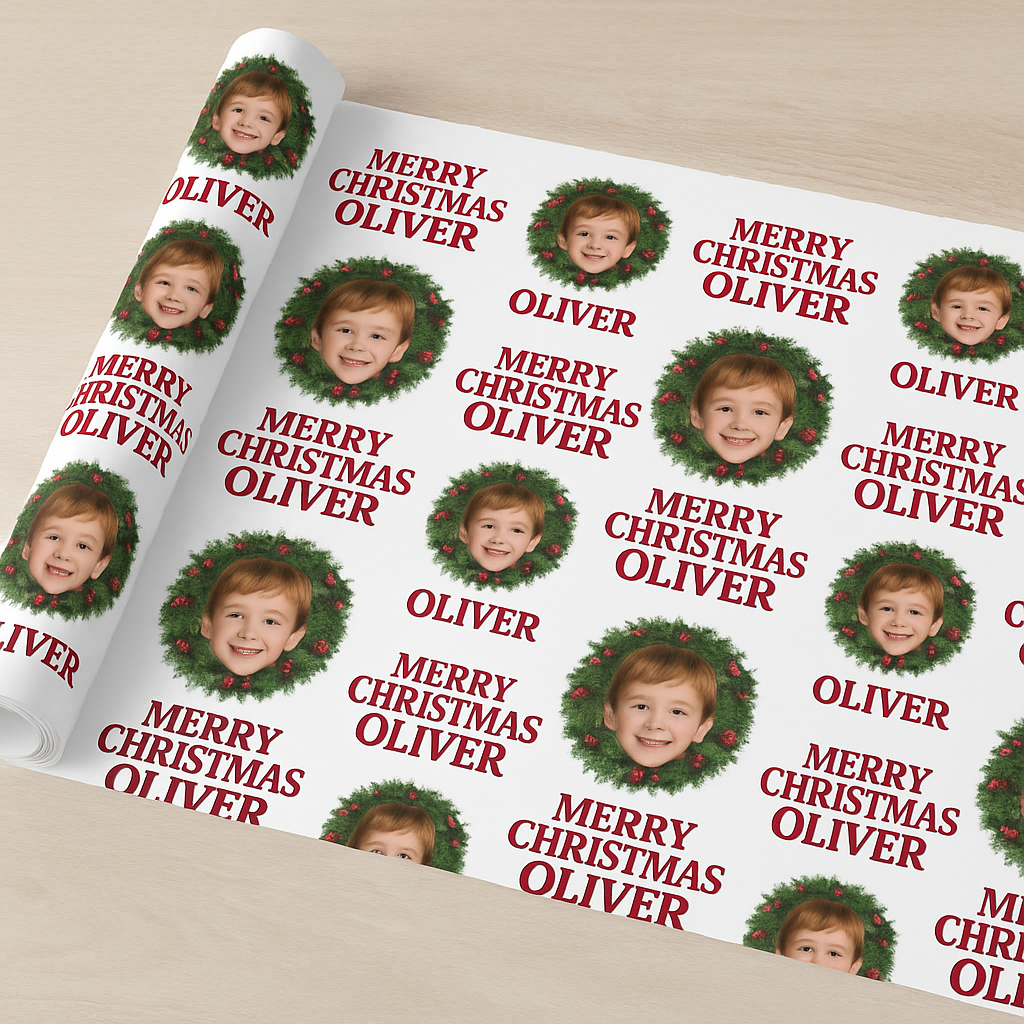 🎄 Personalized Christmas Wrapping Paper – Custom Photo & Name Gift Wrap