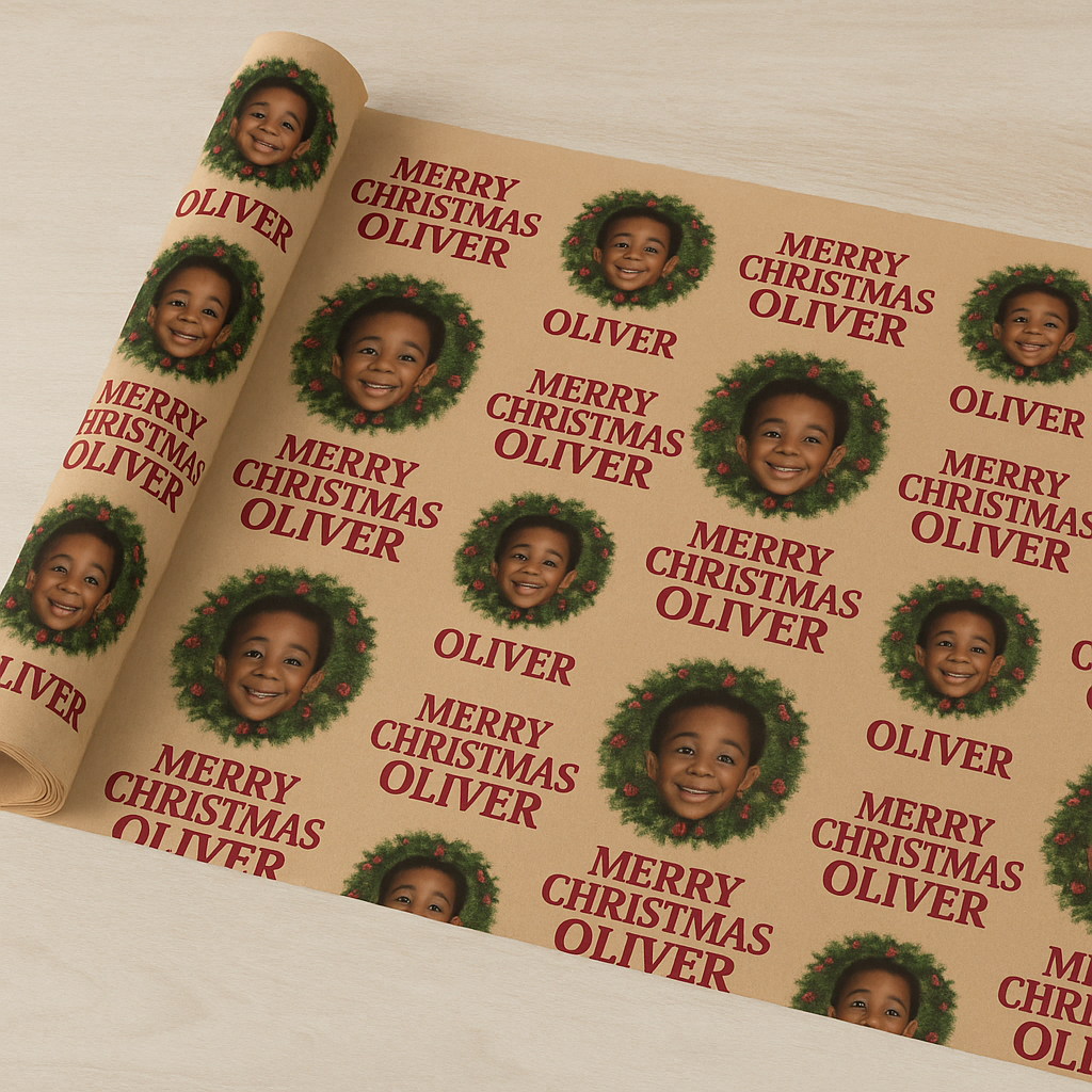 🎄 Personalized Christmas Wrapping Paper – Custom Photo & Name Gift Wrap