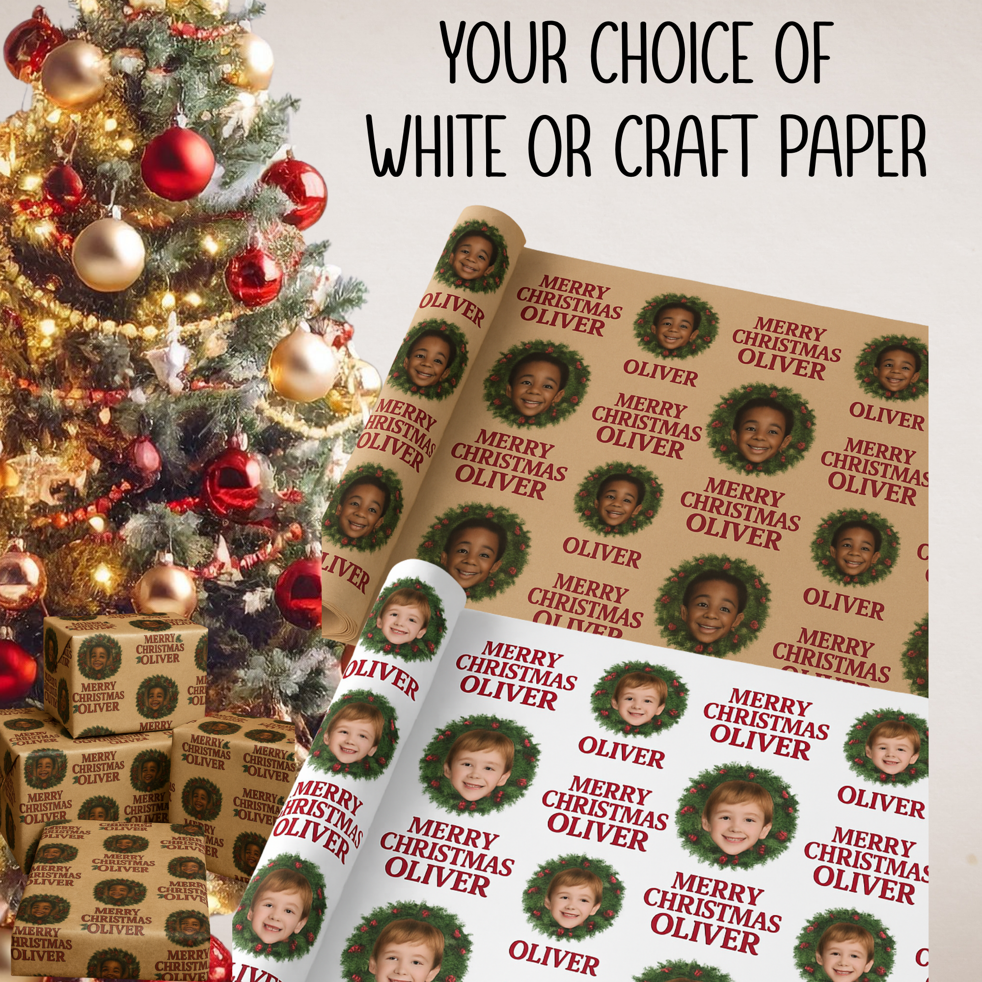 🎄 Personalized Christmas Wrapping Paper – Custom Photo & Name Gift Wrap