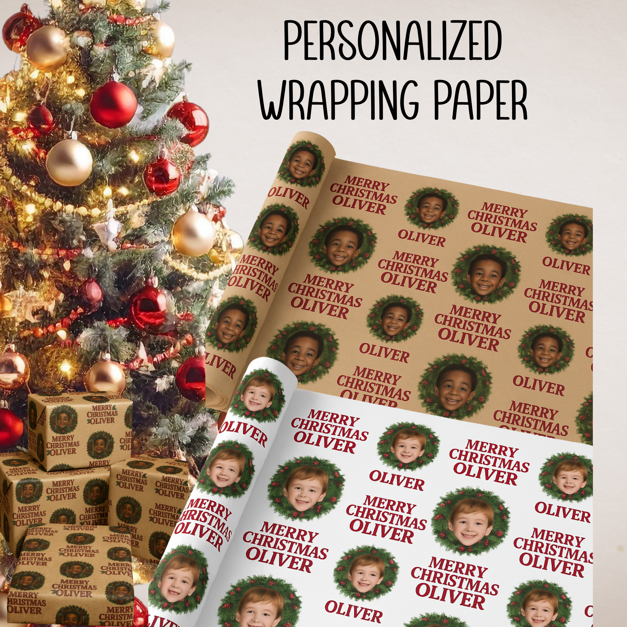 🎄 Personalized Christmas Wrapping Paper – Custom Photo & Name Gift Wrap