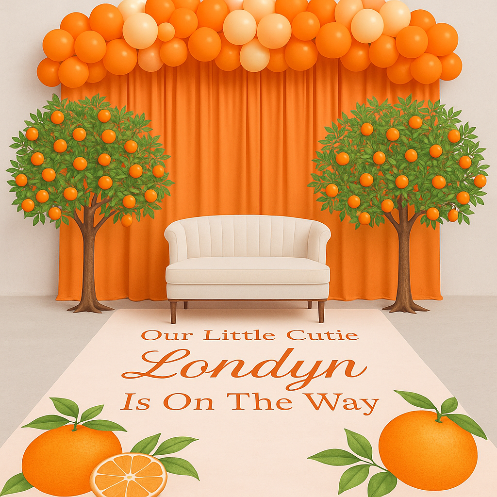 Orange You A Cutie Party Decor Package – 2 Orange Trees & 6x6 Personalized Floor Decal for Baby Shower or Birthday