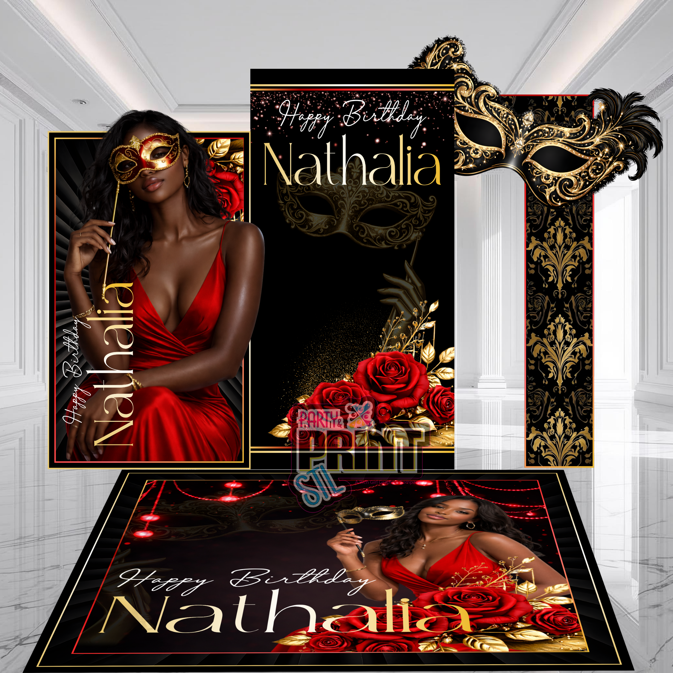 Black & Gold Masquerade Birthday Decor Set – Luxury Birthday Display and Floor Decal