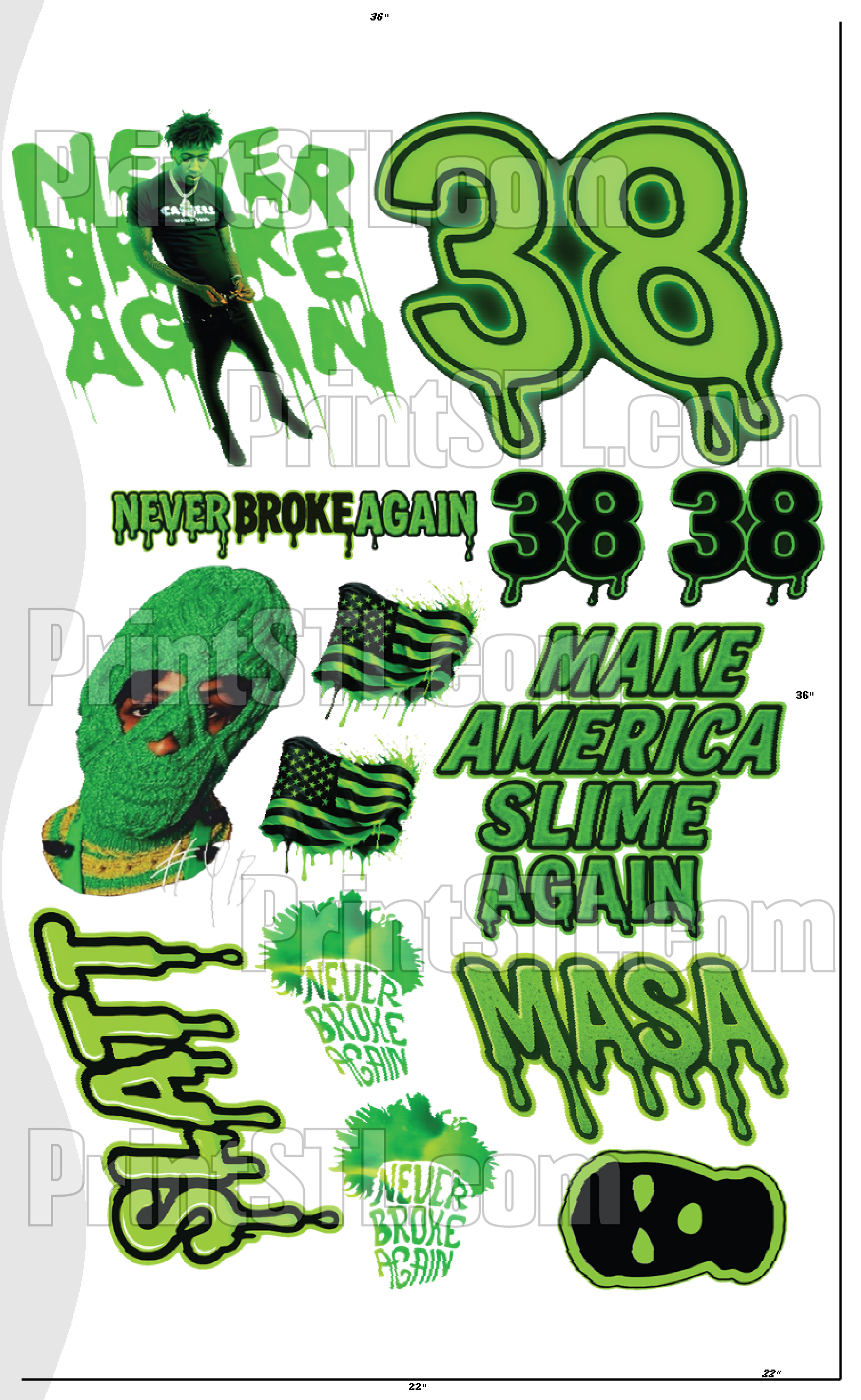 NBA Youngboy Gangsheet – 22x36 Slime Green Drip “Never Broke Again” | Ready to Press DTF Transfer or Digital Instant Download