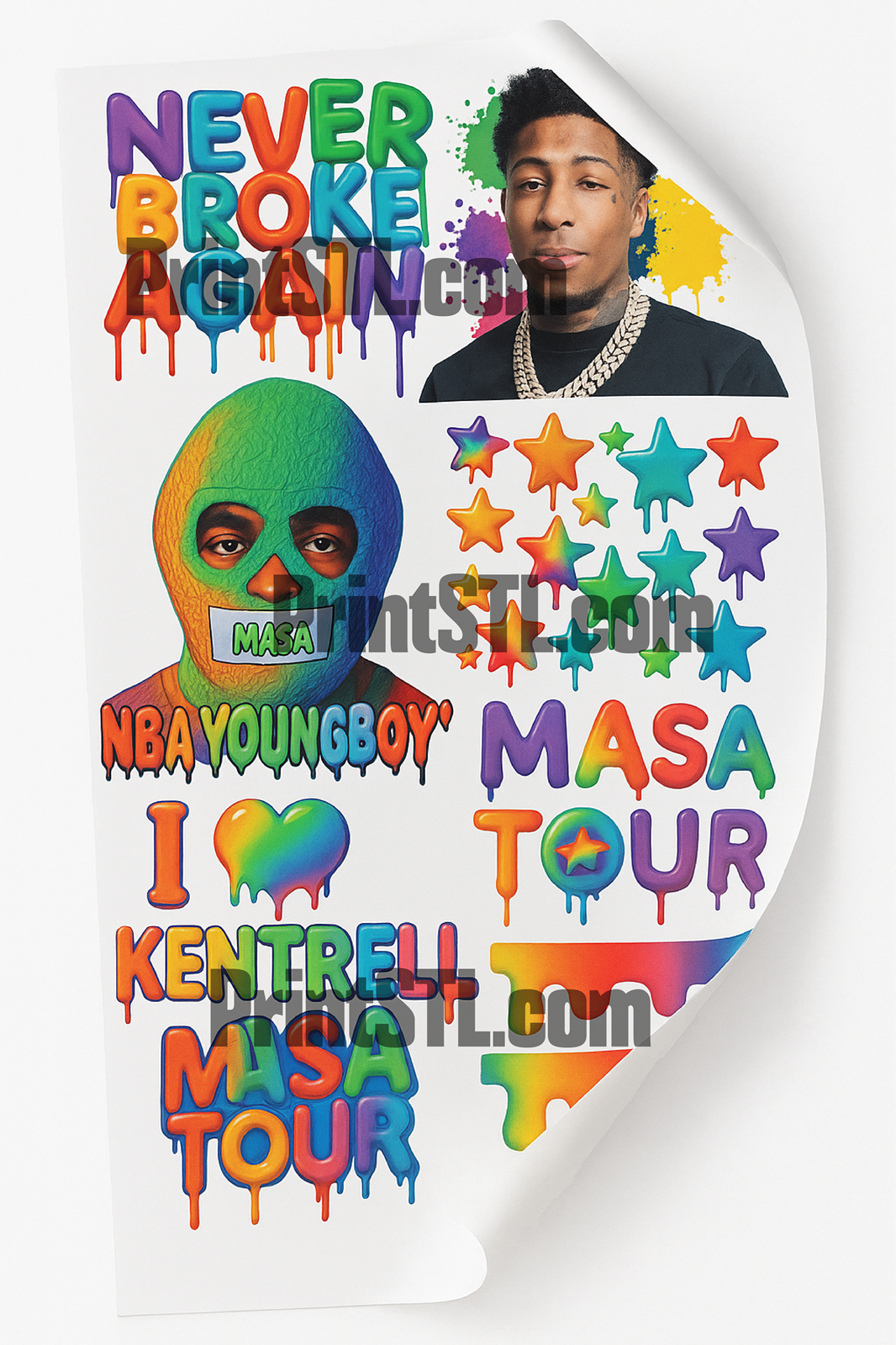 NBA Youngboy Slime Drip Gangsheet | 22x36 DTF Transfer | Never Broke Again, MASA Tour, Rainbow Stars & Slime Ready to Press