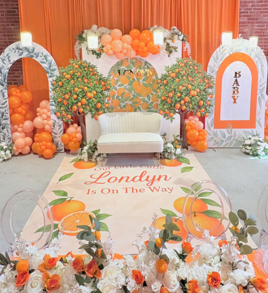 Orange You A Cutie Party Decor Package – 2 Orange Trees & 6x6 Personalized Floor Decal for Baby Shower or Birthday