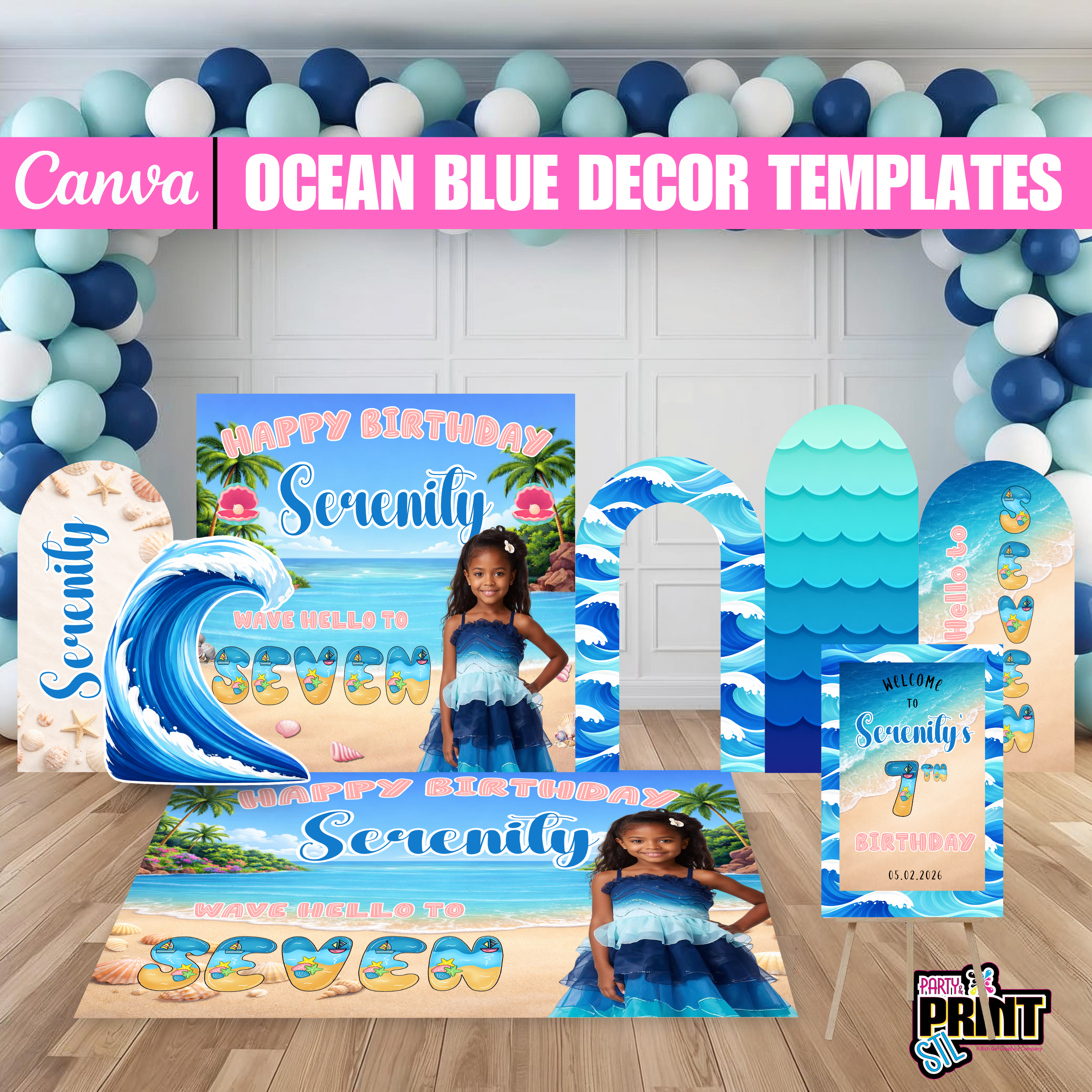 Ocean Blue Birthday Decor Bundle, Beach Theme Birthday Backdrop, Wave Birthday Party Decor, Floor Decal Party Setup Canva Editable Template
