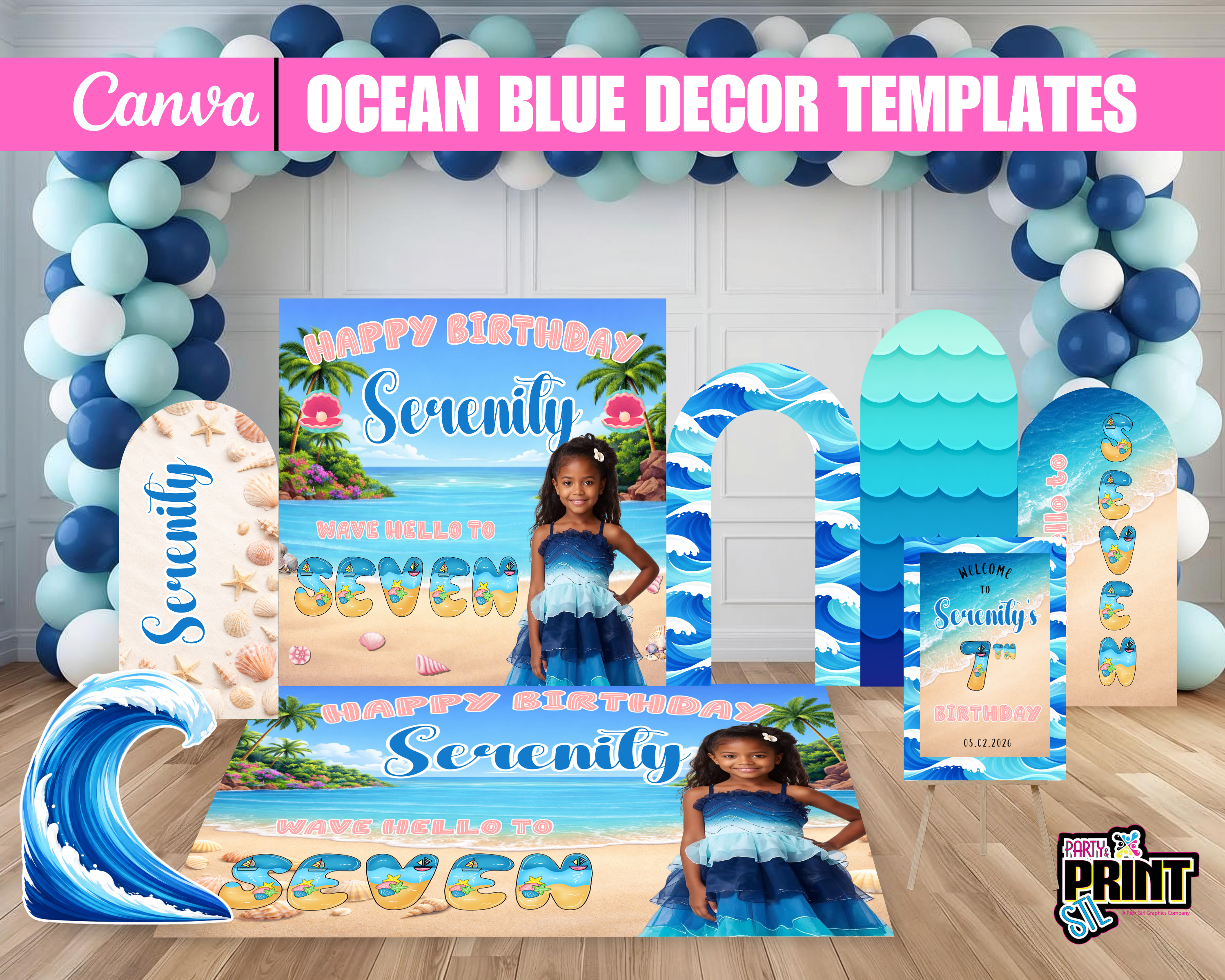 Ocean Blue Birthday Decor Bundle, Beach Theme Birthday Backdrop, Wave Birthday Party Decor, Floor Decal Party Setup Canva Editable Template