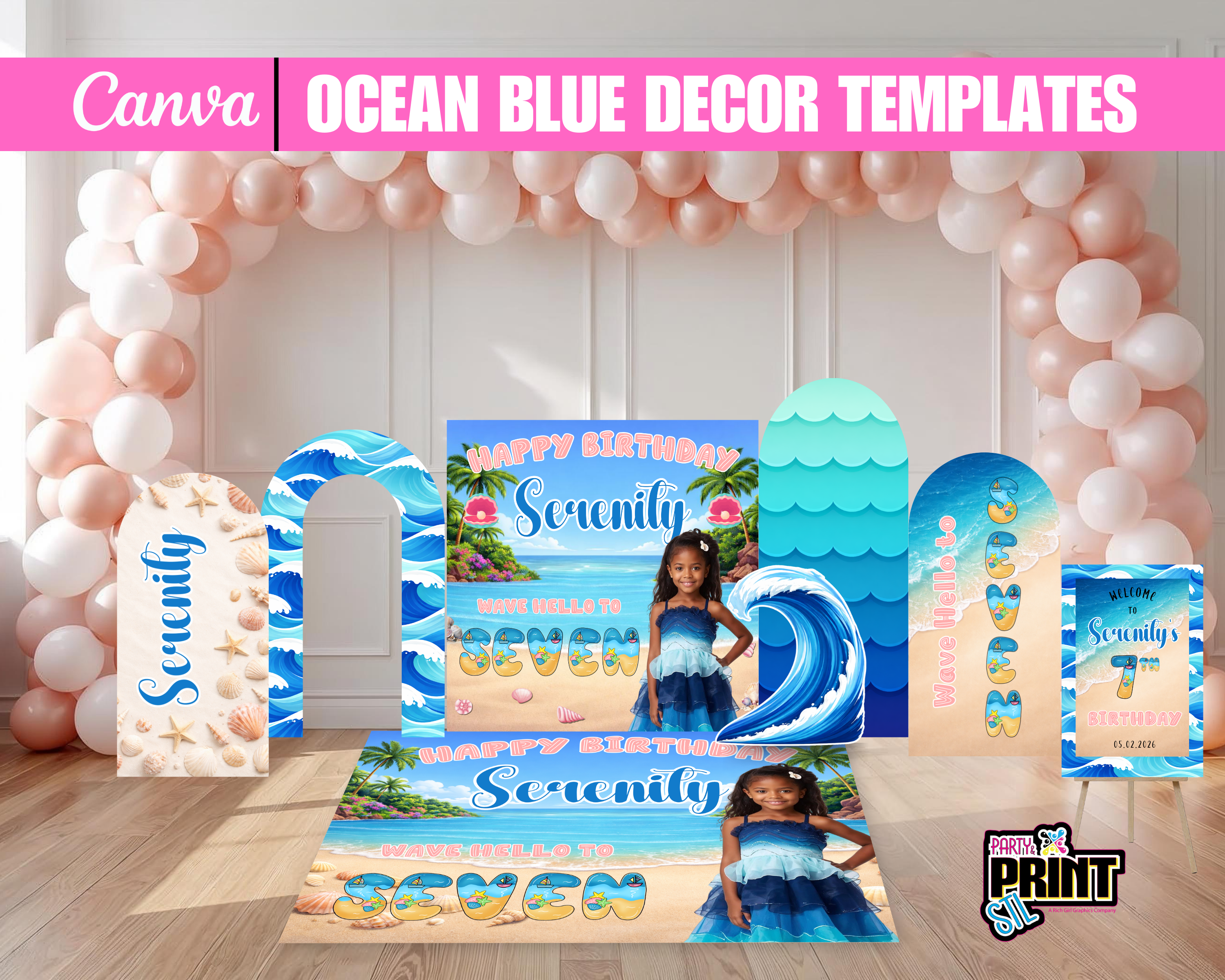 Ocean Blue Birthday Decor Bundle, Beach Theme Birthday Backdrop, Wave Birthday Party Decor, Floor Decal Party Setup Canva Editable Template