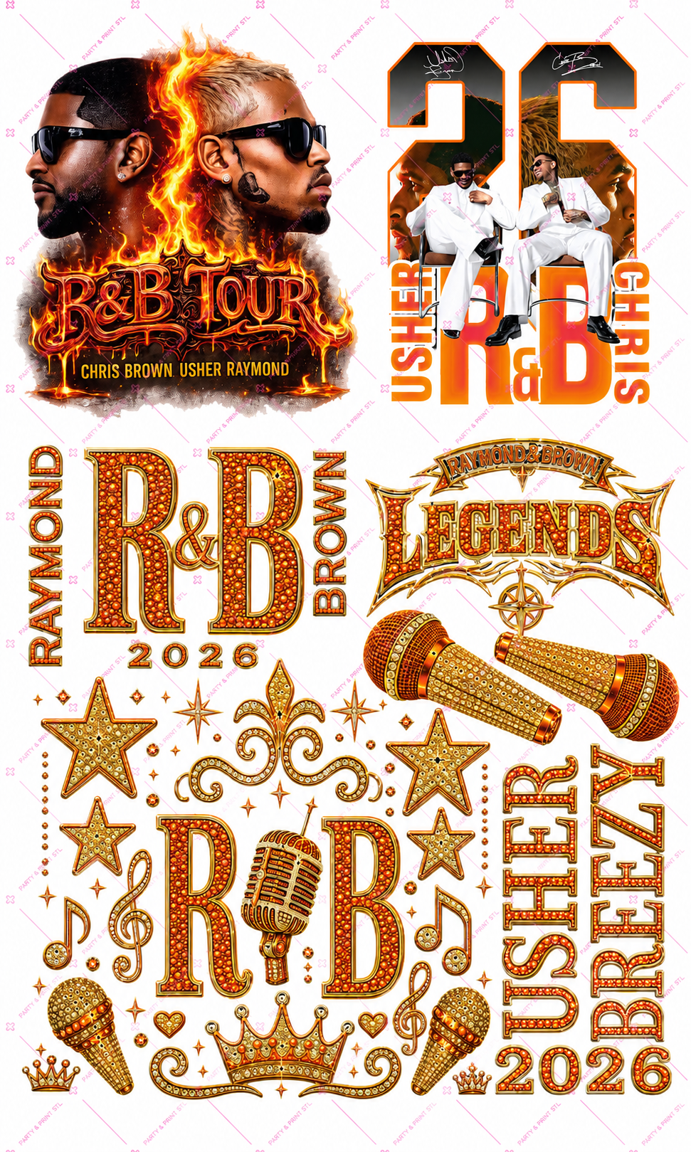 R&B Tour Orange & Gold Rhinestone Gang Sheet | 22" x 36" DTF Transfer or Digital PNG Download