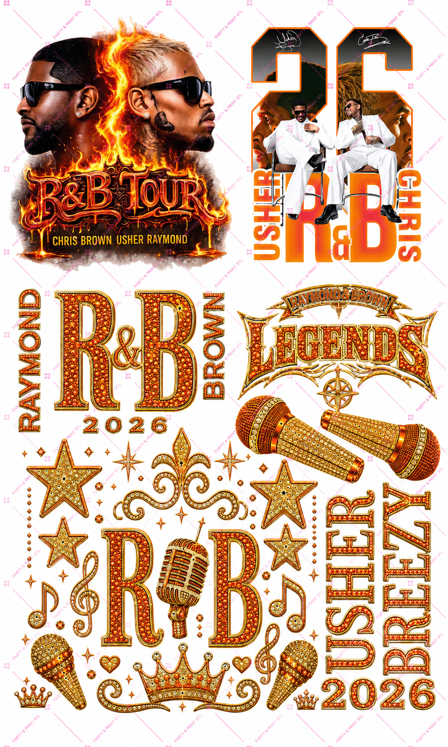 R&B Tour Orange & Gold Rhinestone Gang Sheet | 22" x 36" DTF Transfer or Digital PNG Download