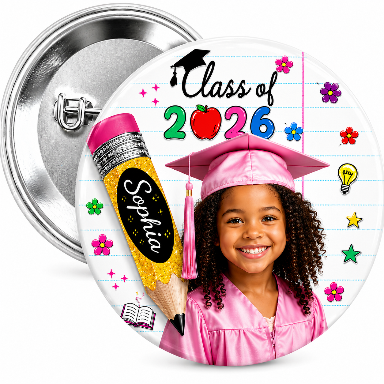 Pencil & Paper Graduation Pin Back Button | Custom Colors Available