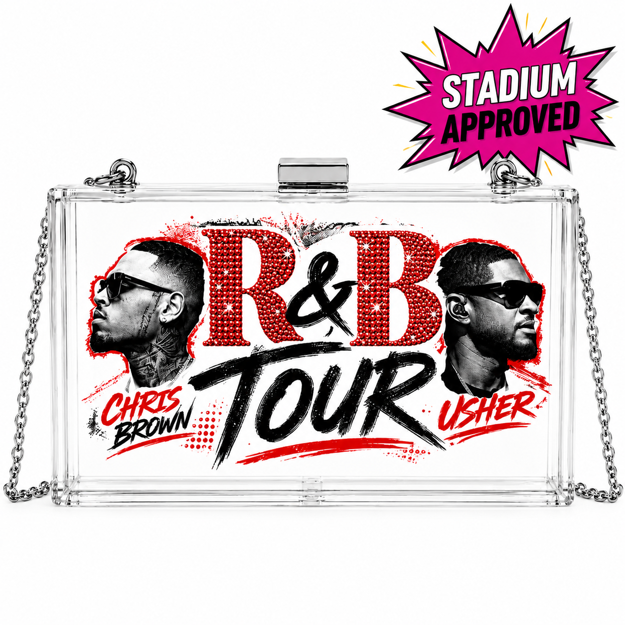 R&B Tour Clear Stadium Crossbody Purse | Silver Chain Concert Bag | Red & Silver