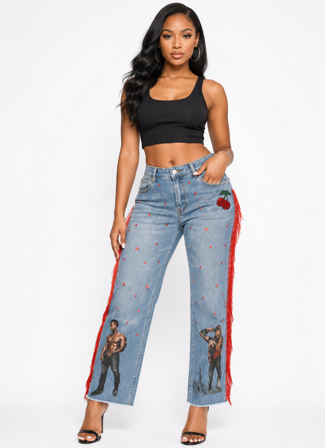 Usher & Chris Brown Custom Cherry Rhinestone Jeans | One-of-a-Kind | Red Bling