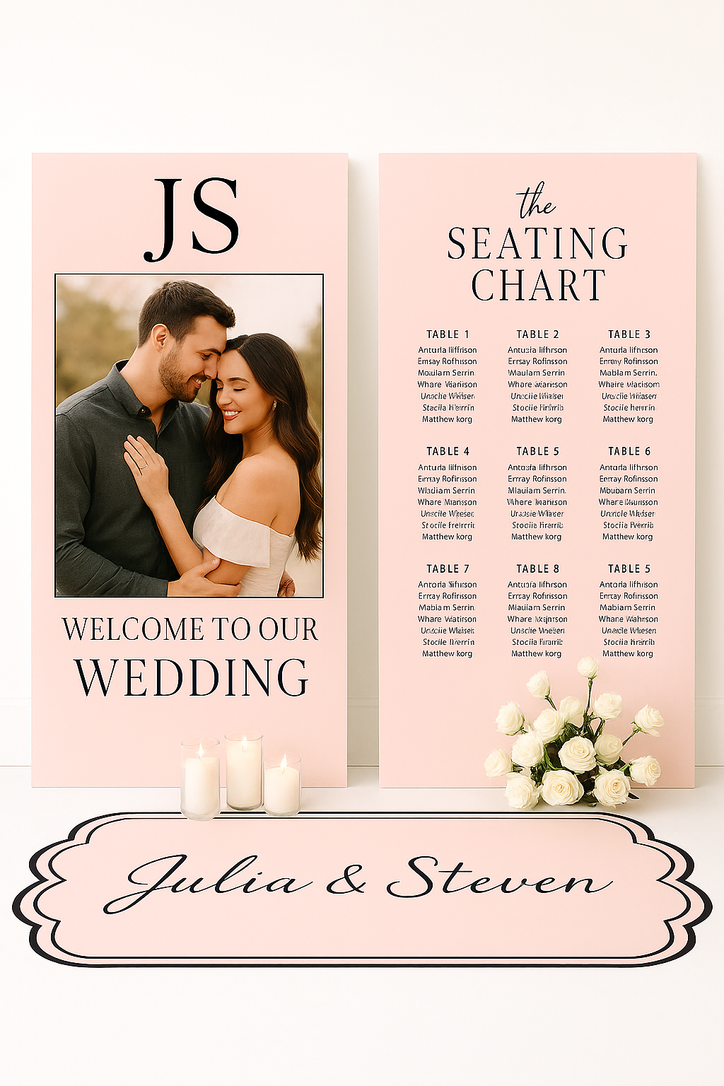 Custom Wedding Welcome Sign & Seating Chart Set – Elegant Photo Display with Floor Decal