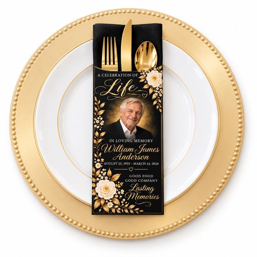 Custom Memorial Silverware Holder | Personalized Celebration of Life Utensil Sleeve | Funeral & Repast Table Décor