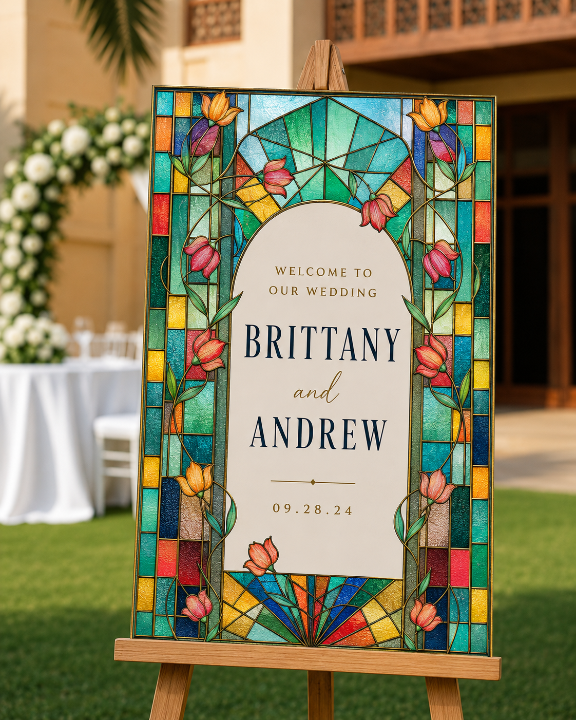 Stained Glass Custom Wedding Welcome Sign | Personalized Wedding Welcome Board