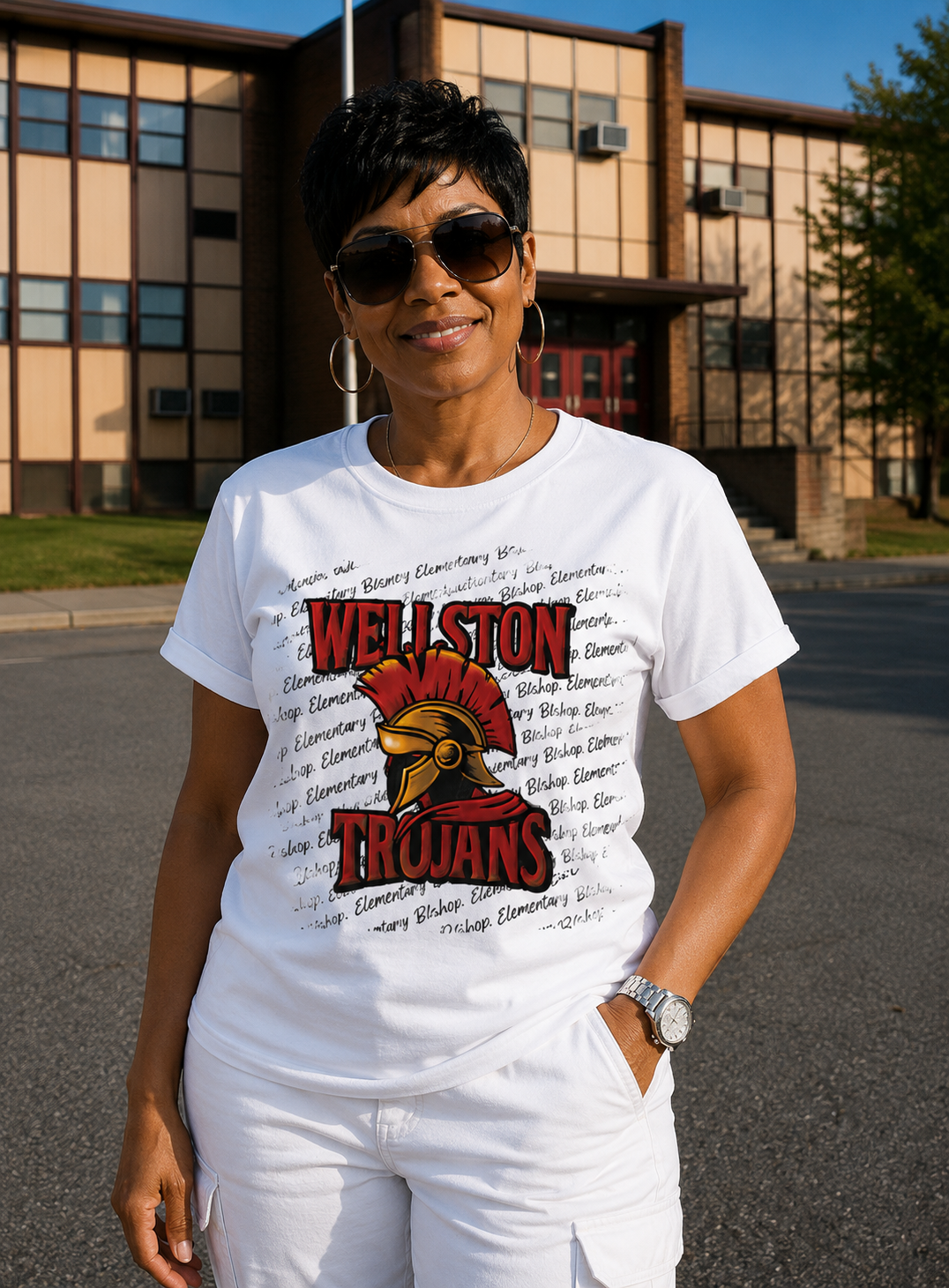 Wellston High School Trojans Alumni T-Shirt – Customizable Design with Bishop or Central Elementary Background