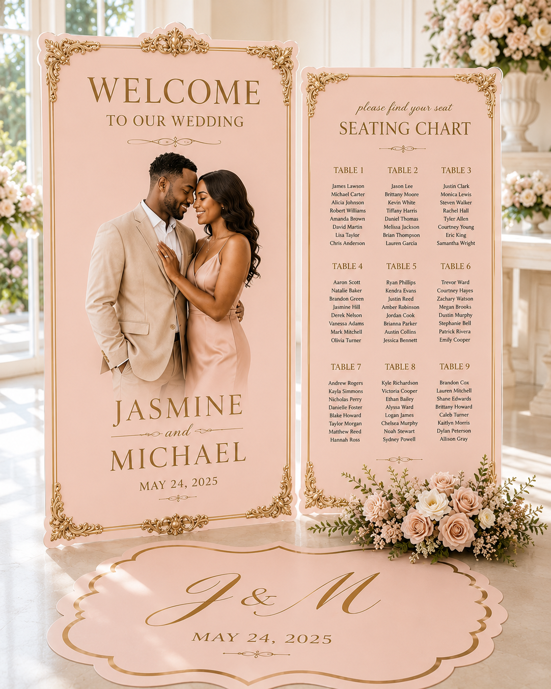 Vintage Elegance Wedding Seating Chart Bundle | Welcome Sign, Seating Chart & Floor Decal
