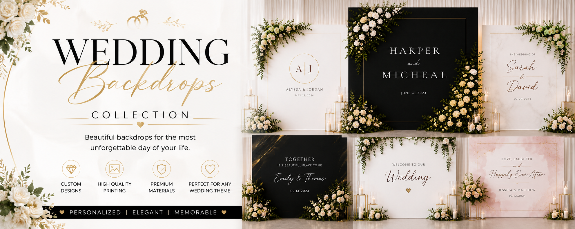 Black Tie Wedding Backdrop | Personalized Elegant Wedding Photo Backdrop | Luxury Black & White Reception Decor