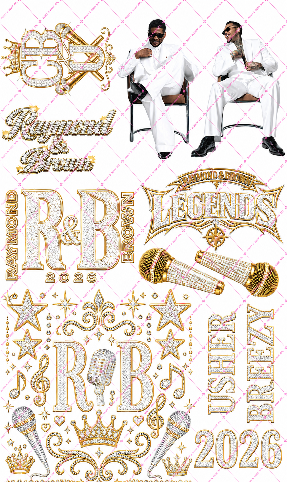 R&B Tour White & Gold Rhinestone Gang Sheet | 22" x 36" DTF Transfer or Digital PNG Download