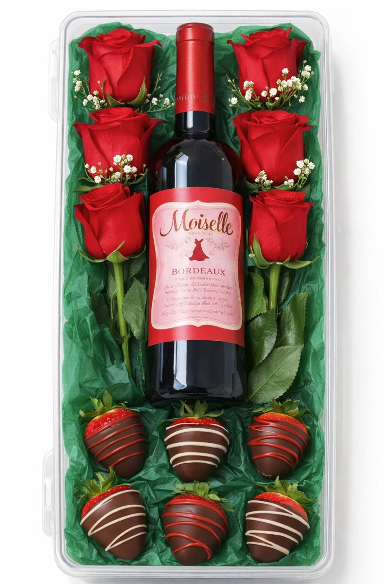 Luxury Valentine Gift Box with Wine, Roses & Chocolate Covered Strawberries