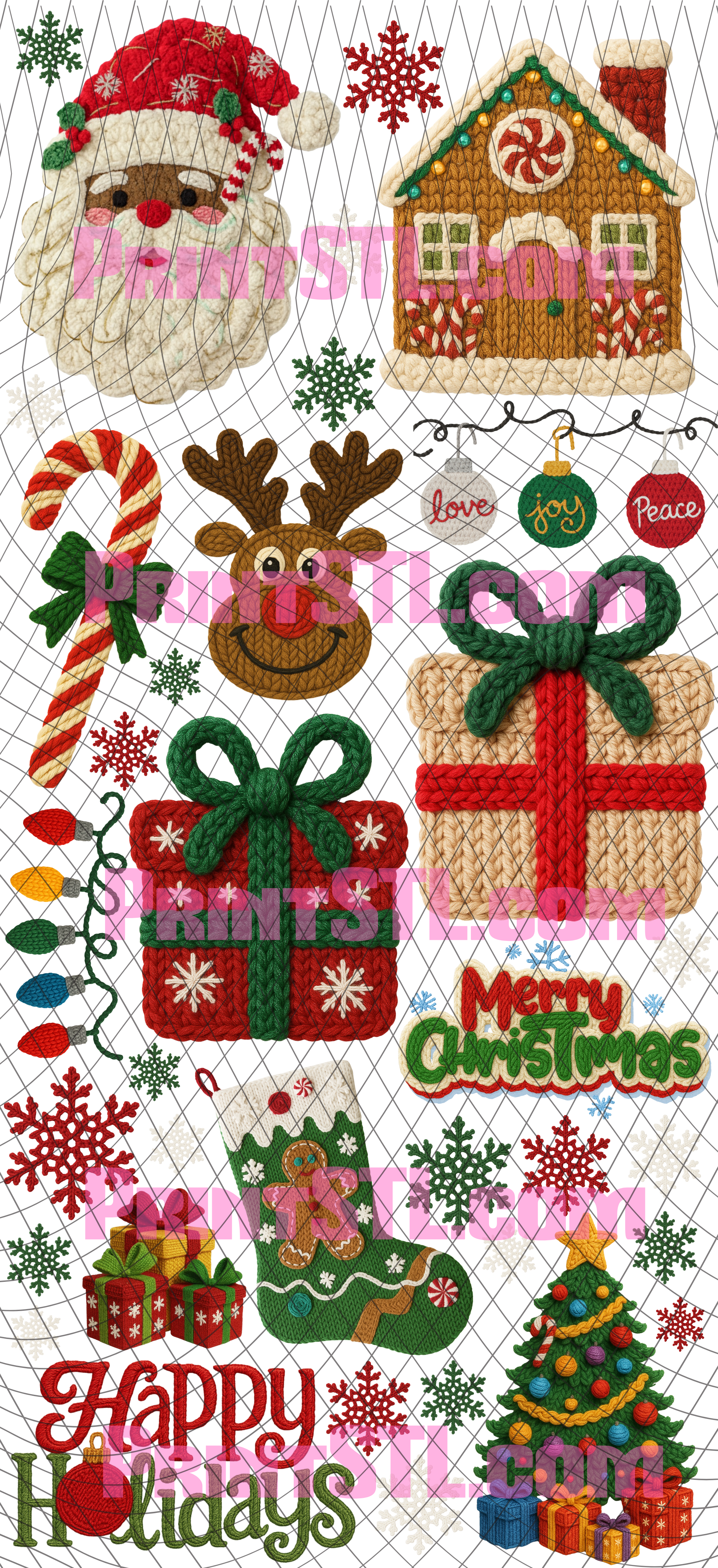 Yarn Texture Christmas Gang Sheet 22x48 – Ready to Press DTF Transfers | Knitted Holiday Designs | 2 Santa Skin Tones