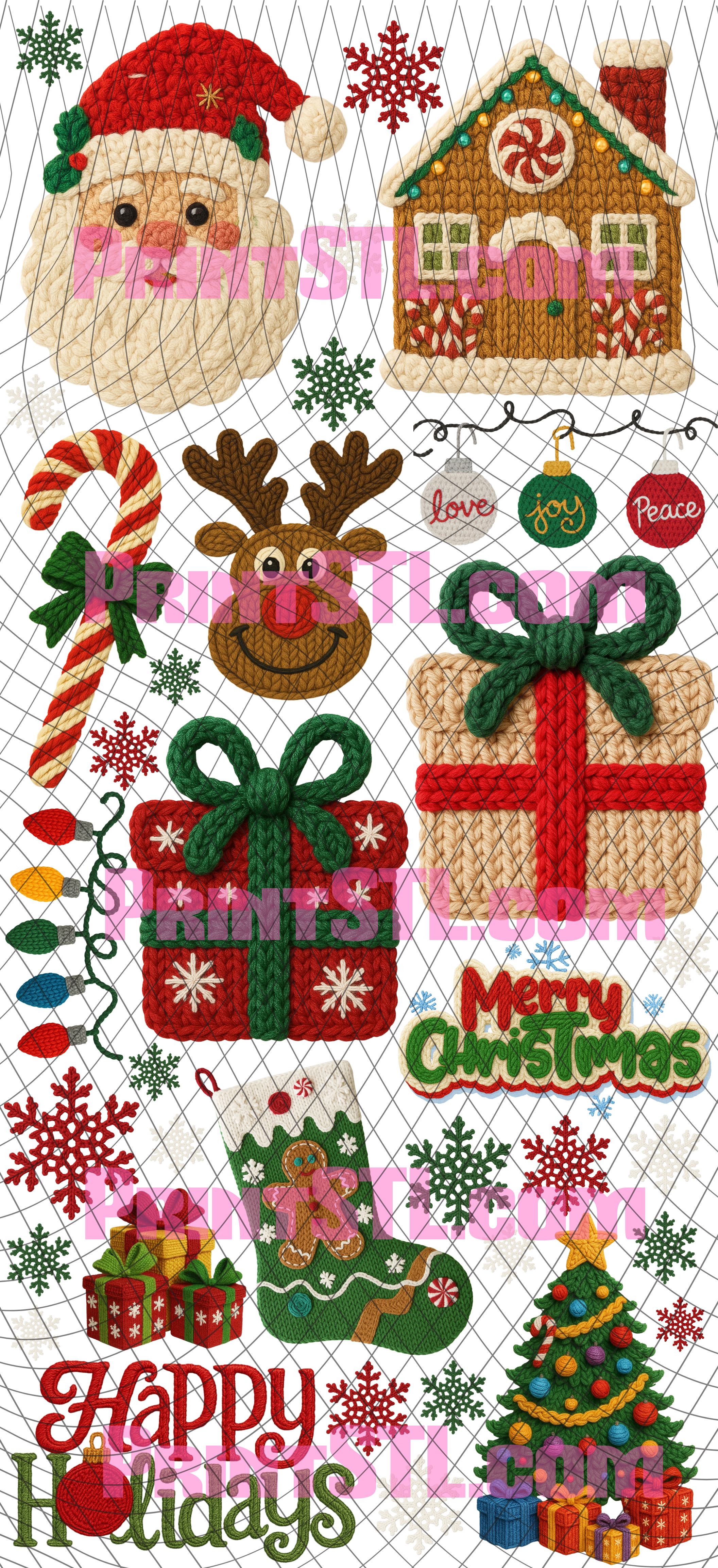 Yarn Texture Christmas Gang Sheet 22x48 – Ready to Press DTF Transfers | Knitted Holiday Designs | 2 Santa Skin Tones