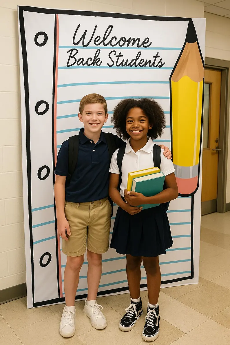 Welcome Back Students Photo Backdrop – 6ft Tall Classroom Display