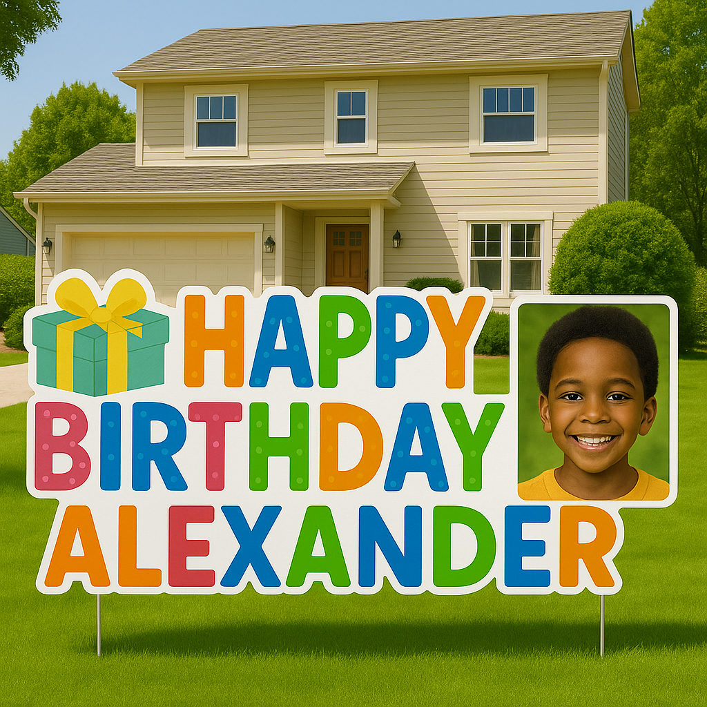 Custom Happy Birthday Yard Sign with Photo – 4ft x 8ft | Includes 3 Stakes