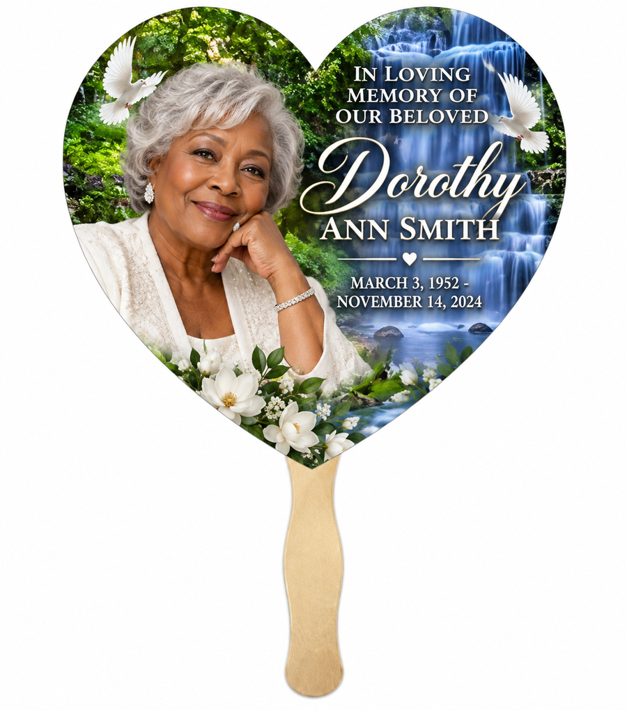 Custom Heart-Shaped Memorial Fan | Personalized Funeral Photo Fan | Celebration of Life Keepsake