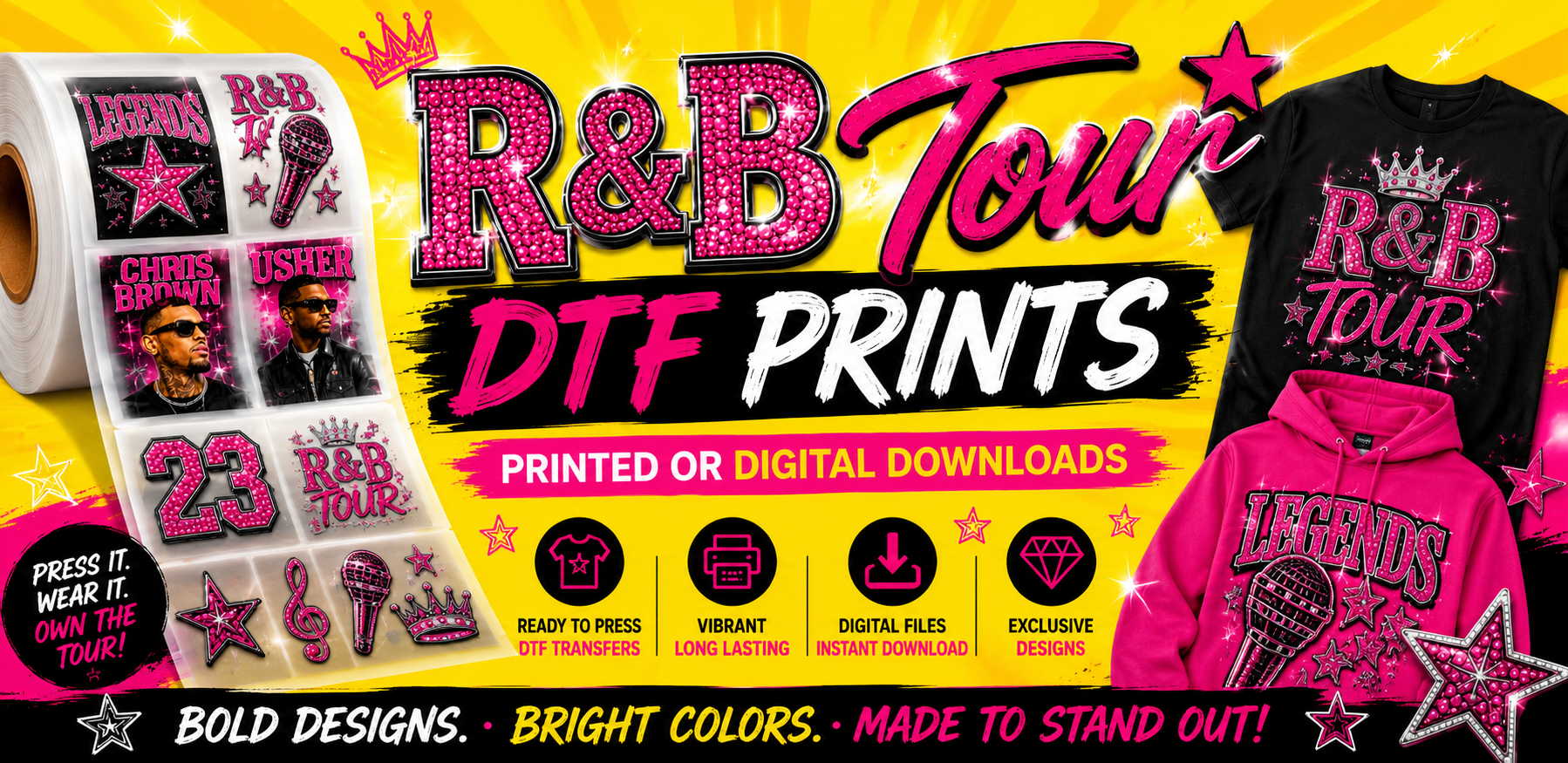 R&B Tour Black & Silver Rhinestone Gang Sheet | 22" x 36" DTF Transfer or Digital PNG Download
