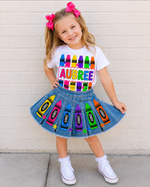 Personalized Back to School Crayon Outfit for Girls | Custom Name Shirt & Crayon Denim Skirt Set | First Day of School Outfit