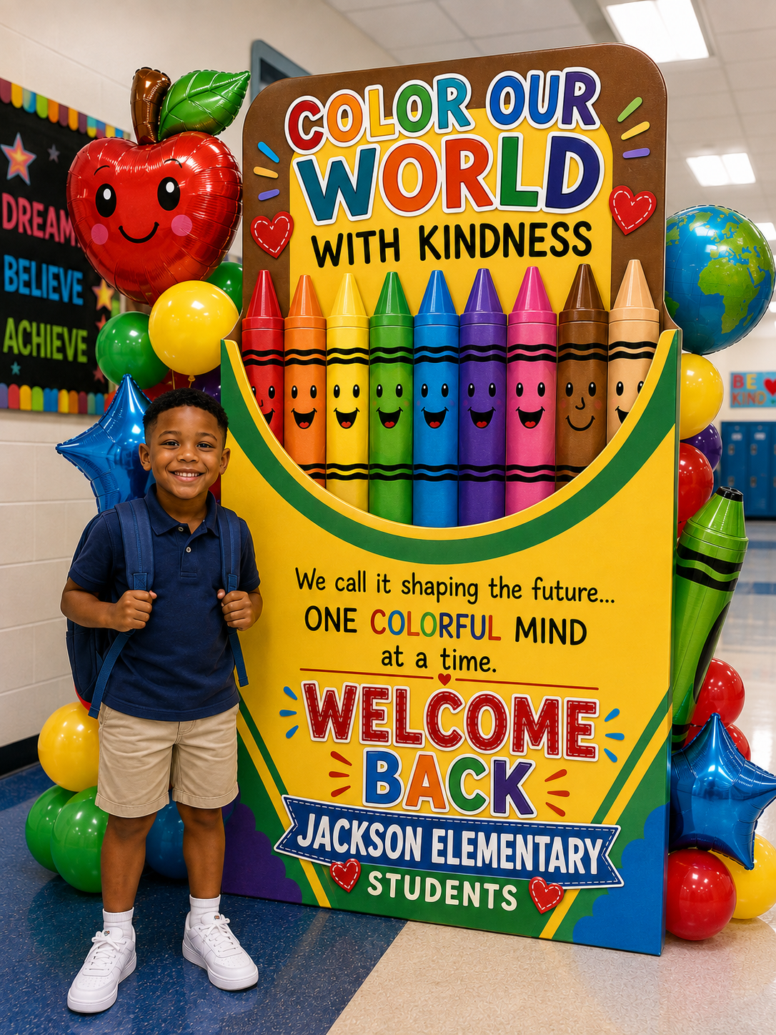 Personalized Welcome Back School Photo Board | 6ft Coroplast Board with FREE Easel Back | Color Our World with Kindness School Display | Custom School Name