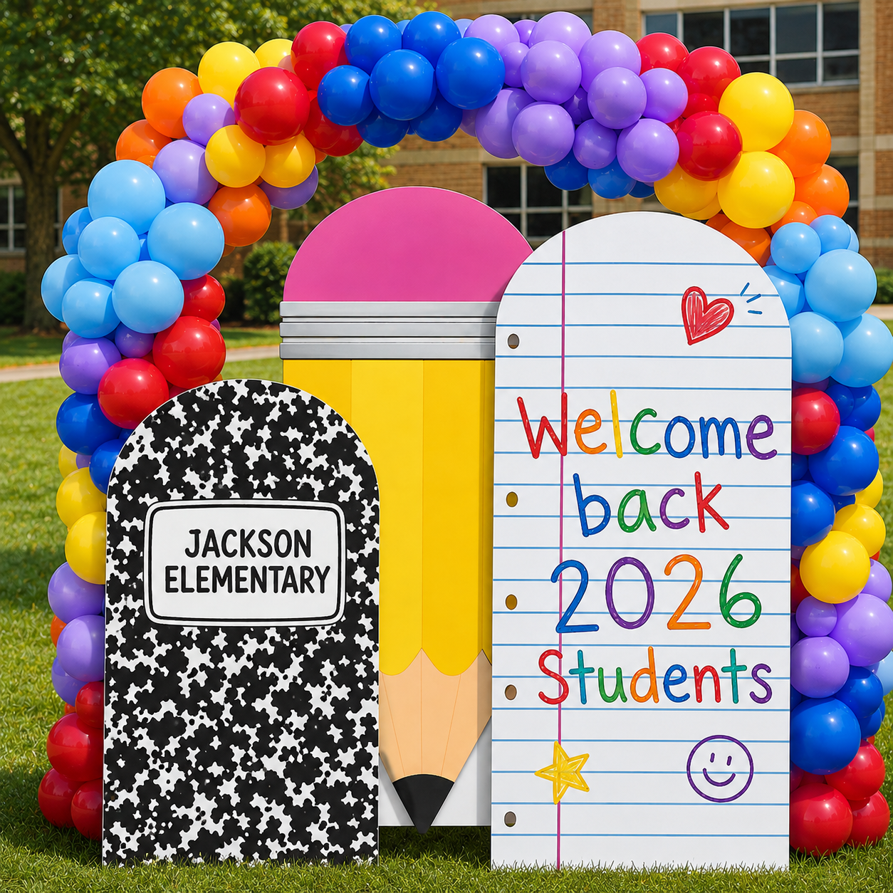 Personalized Welcome Back School Board Set | 4ft, 5ft & 6ft Coroplast Displays with FREE Easel Backs | Pencil, Notebook & Composition Book Signs | FREE Shipping