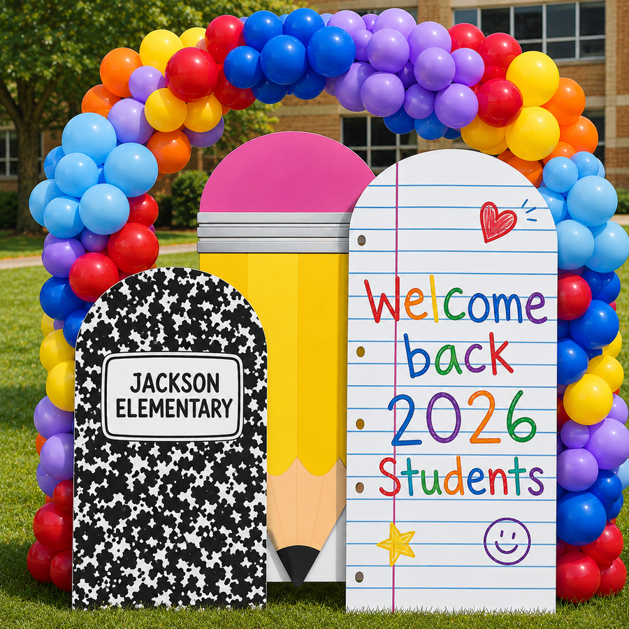 Personalized Welcome Back School Board Set | 4ft, 5ft & 6ft Coroplast Displays with FREE Easel Backs | Pencil, Notebook & Composition Book Signs | FREE Shipping