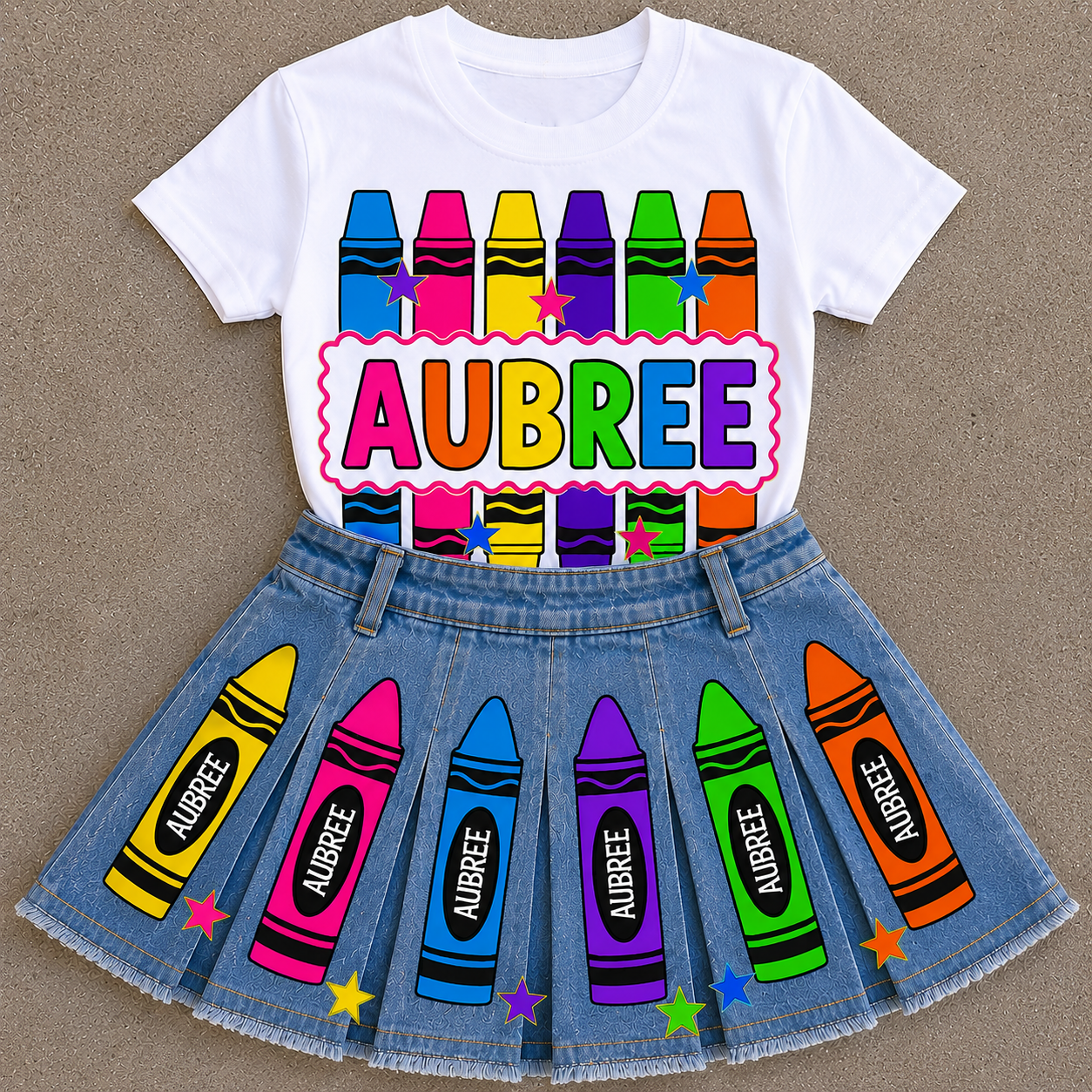 Personalized Back to School Crayon Outfit for Girls | Custom Name Shirt & Crayon Denim Skirt Set | First Day of School Outfit