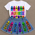 Personalized Back to School Crayon Outfit for Girls | Custom Name Shirt & Crayon Denim Skirt Set | First Day of School Outfit