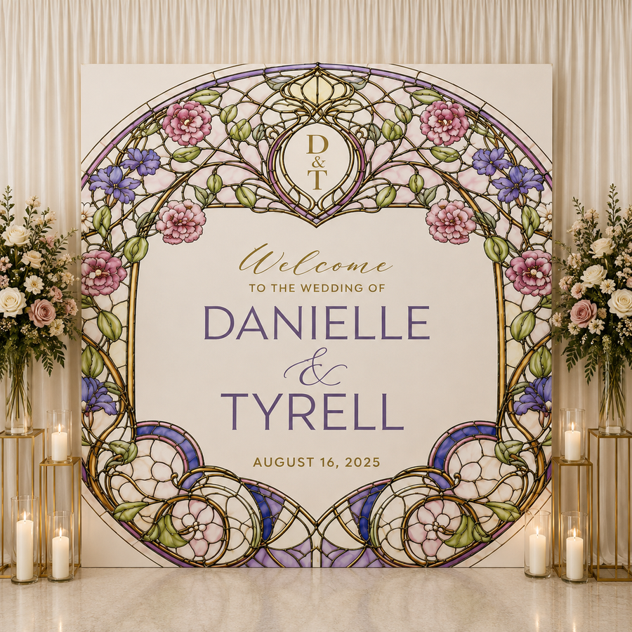 Stained Glass Wedding Backdrop | Personalized Elegant Floral Wedding Photo Backdrop | Luxury Ceremony & Reception Decor