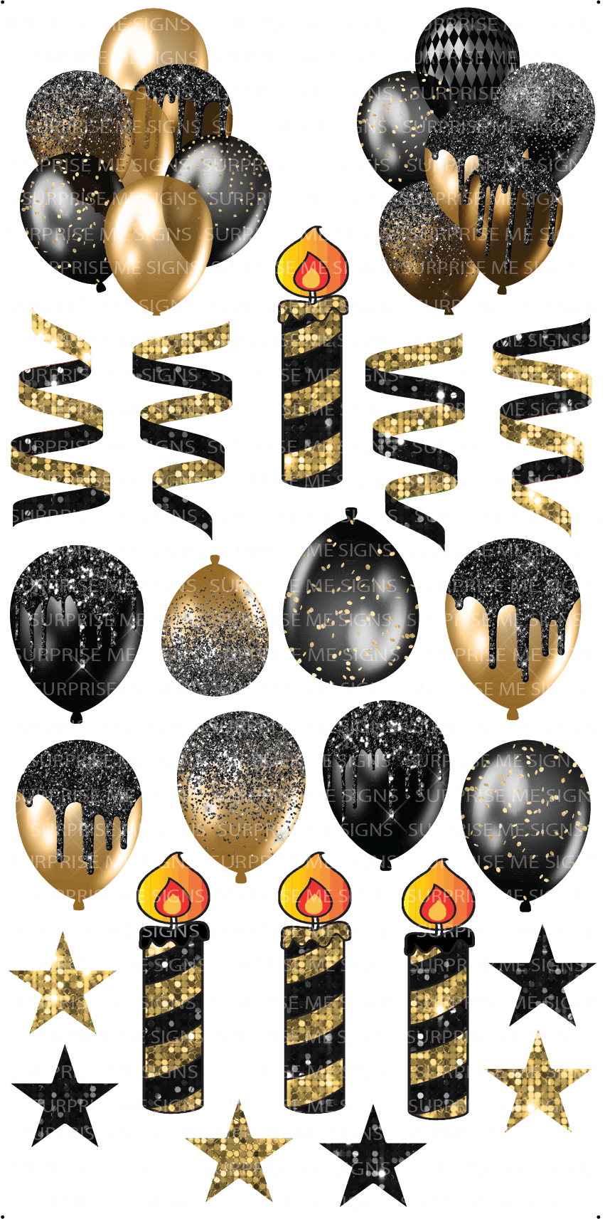 Flair BLACK & GOLD - Balloons, Streamers, Candles, Stars Combo Yard Card (Glitter and Plain Available)