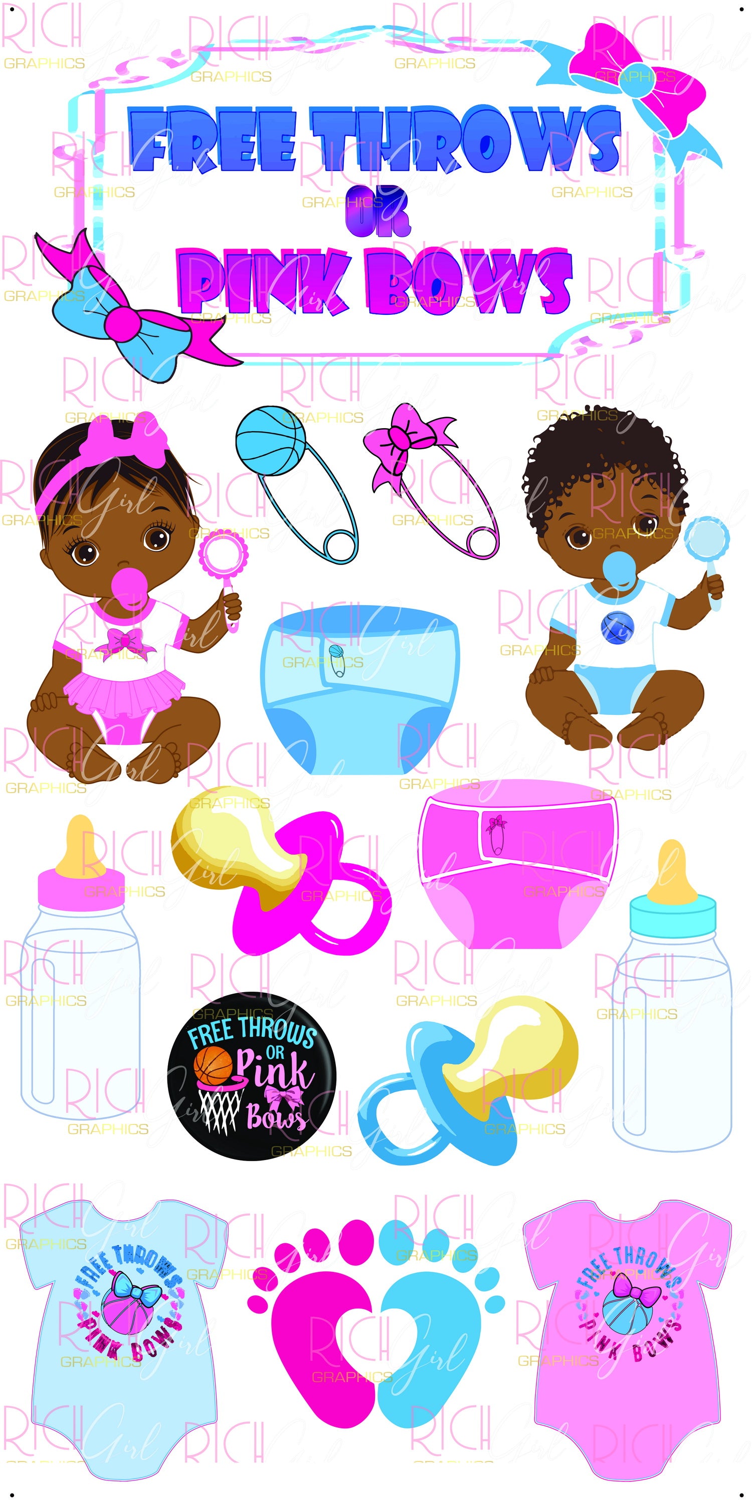 Free Throws or Pink Bows Gender Reveal Yard Card (Available in Dark or Light Skintone)