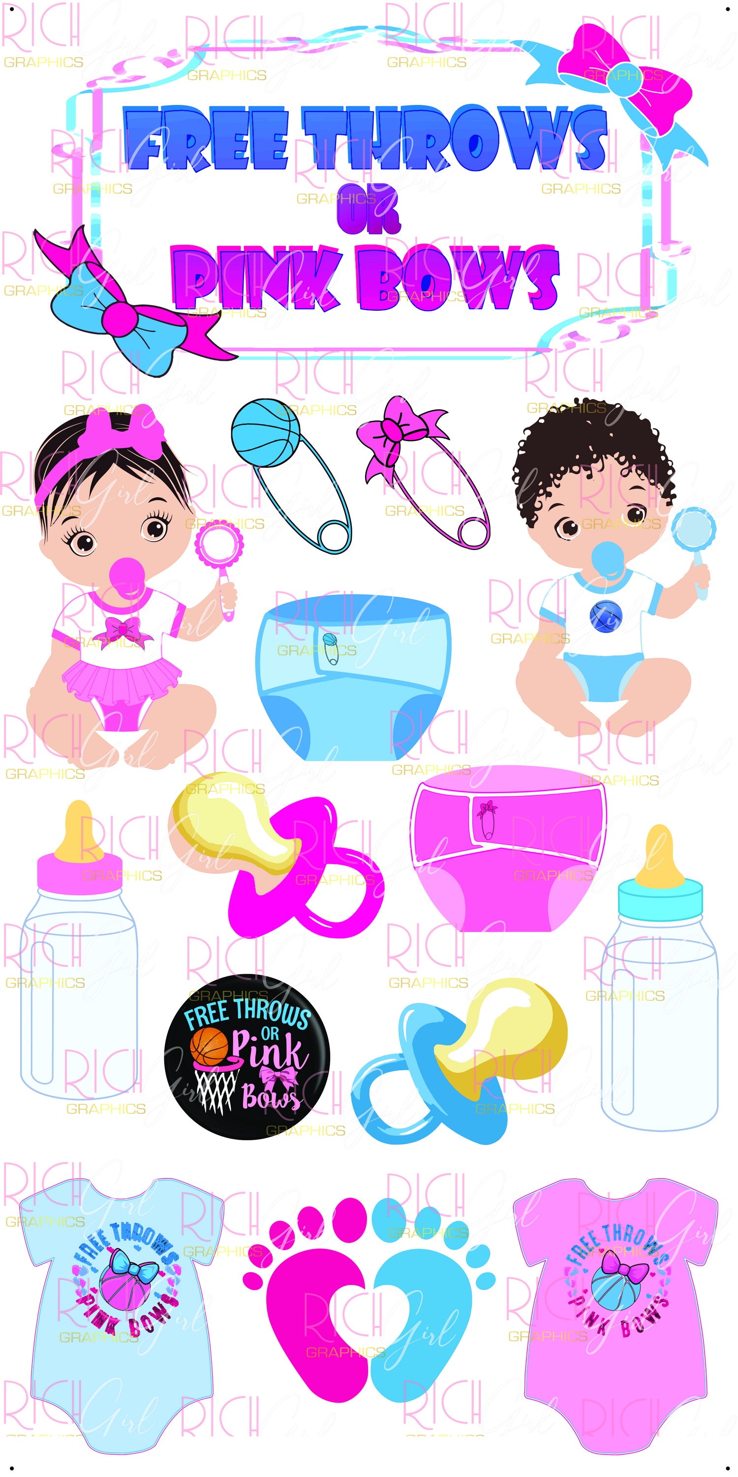 Free Throws or Pink Bows Gender Reveal Yard Card (Available in Dark or Light Skintone)