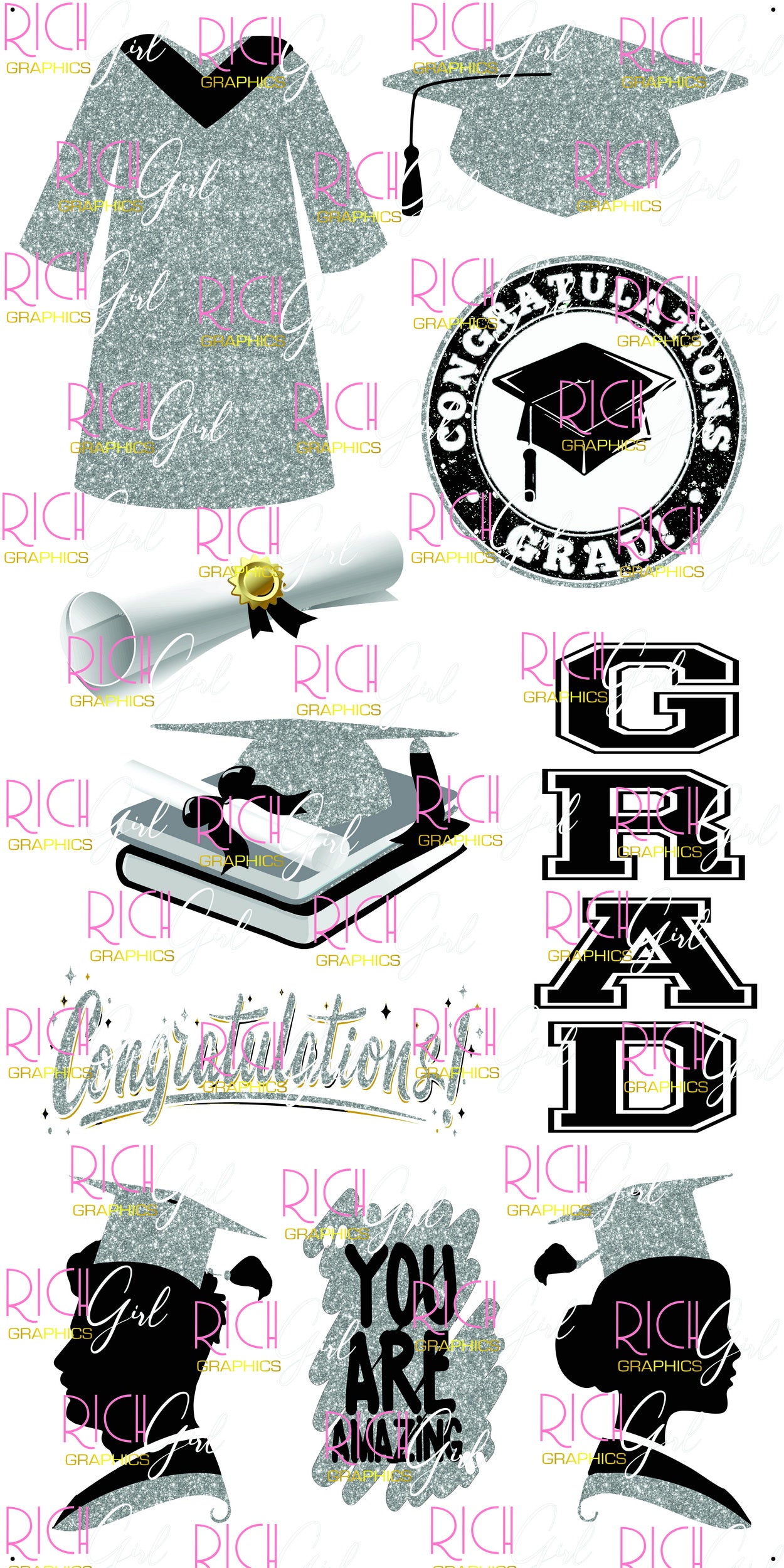 Graduation Flair GRAY SILVER Yard Card (Available in Glitter & Plain)