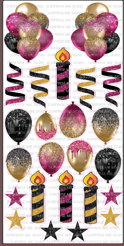 FLAIR Hot Pink Black and Gold - Balloons, Streamers, Candles, Stars Combo Yard Card (Glitter and Plain Available)